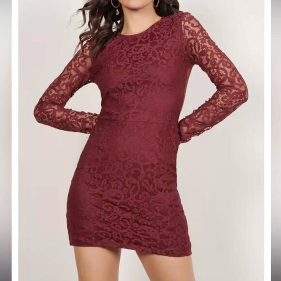 Tobi Womens My Lace Or Yours Bodycon Mini Dress Burgundy Long Sleeves size Small - Picture 1 of 12